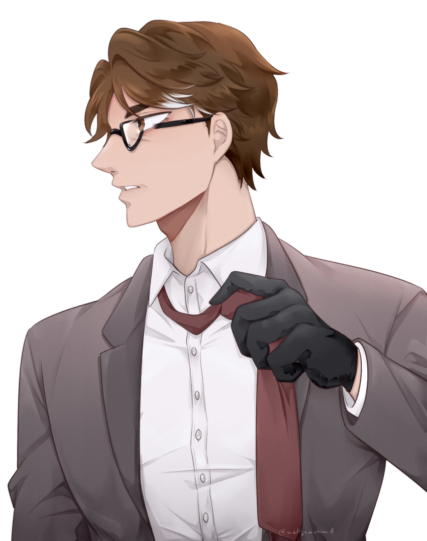 1boy black-framed_eyewear black_gloves brown_eyes brown_hair buttons collared_shirt glasses gloves grey_jacket hand_up highres honkai:_star_rail honkai_(series) jacket lapels long_sleeves looking_to_the_side male_focus multicolored_hair necktie open_clothes open_jacket red_necktie sallyatoyota shirt short_hair simple_background solo streaked_hair teeth upper_body welt_yang white_background white_hair white_shirt