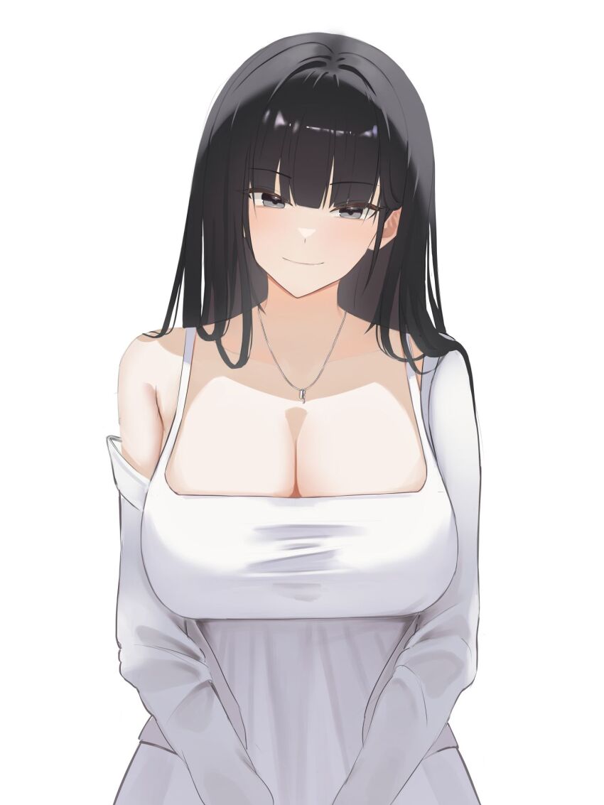 1girl black_eyes black_hair blunt_bangs blush breasts cleavage closed_mouth commentary_request dress highres imjy09 korean_commentary large_breasts long_hair long_sleeves original simple_background smile solo spaghetti_strap upper_body white_background white_dress