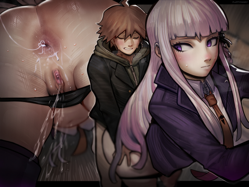 1boy 1girl after_anal anus ass black_panties braid cum cum_in_ass danganronpa:_trigger_happy_havoc danganronpa_(series) doggystyle fluffydango hair_ribbon highres kirigiri_kyoko long_hair naegi_makoto panties purple_eyes purple_hair ribbon sex sex_from_behind sweat underwear