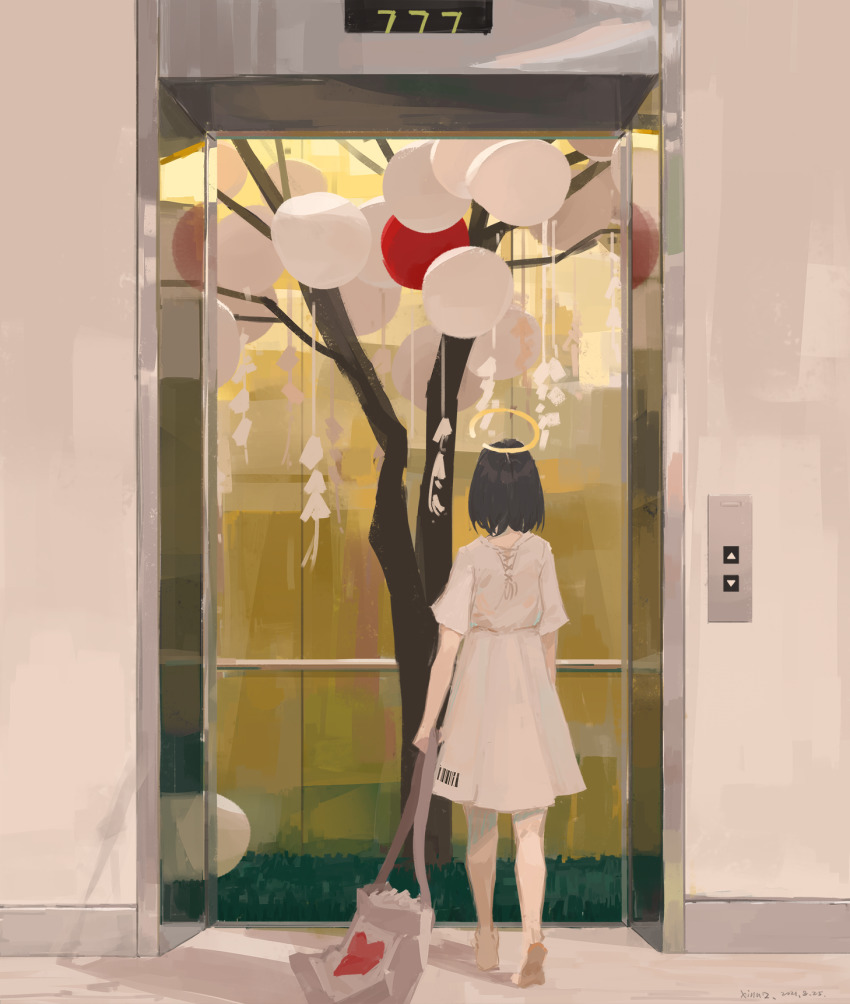 1girl bag balloon barcode barefoot black_hair dress elevator from_behind halo highres holding holding_bag medium_hair original short_sleeves solo tree walking white_dress xilmo