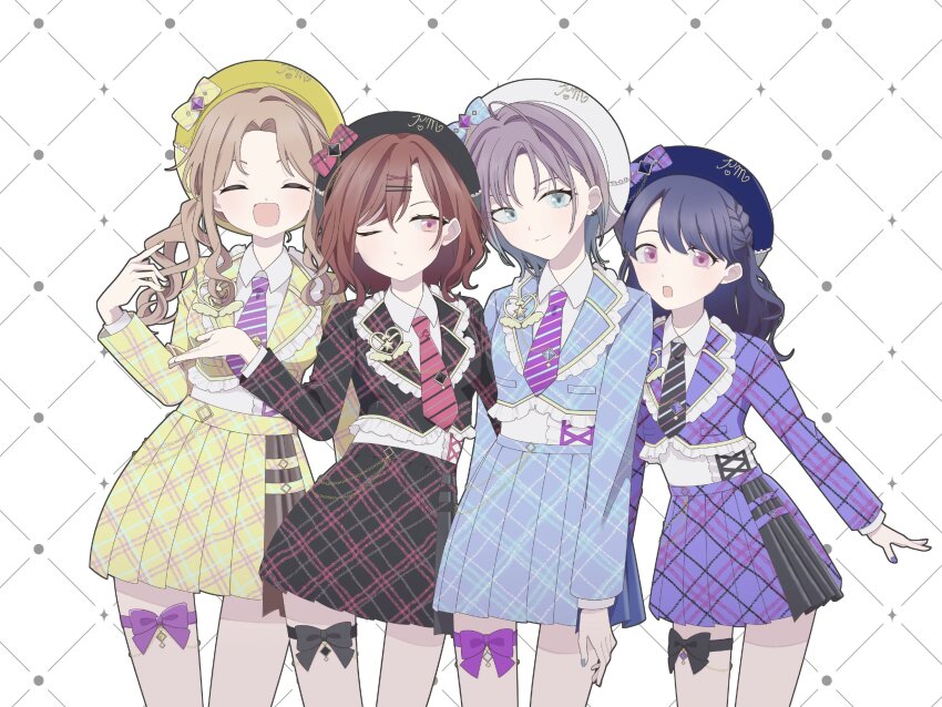 4girls ahoge aqua_eyes asakura_toru beret black_hair bow braid brown_hair checkered_background closed_eyes commentary_request diagonal-striped_clothes diagonal-striped_necktie fukumaru_koito gradient_hair hair_down hair_ornament hairclip hat hat_bow highres higuchi_madoka ichikawa_hinana idolmaster idolmaster_shiny_colors jacket long_hair long_sleeves looking_at_viewer miniskirt multicolored_hair multiple_girls nail_polish necktie netami noctchill_(idolmaster) one_eye_closed open_mouth pink_eyes plaid_clothes plaid_jacket plaid_skirt pleated_skirt short_hair side_ponytail skirt smile striped_clothes thigh_strap