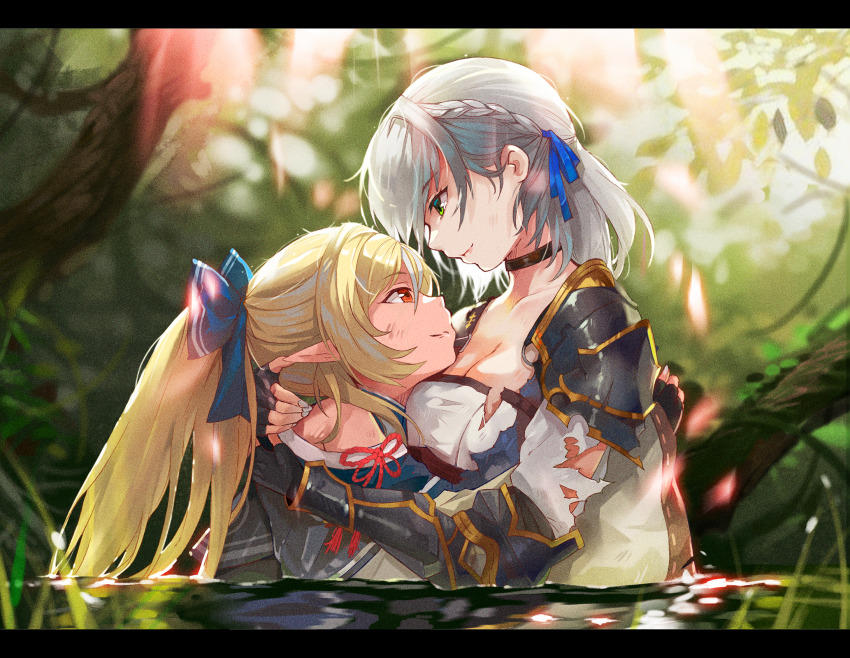 2girls armor black_choker blonde_hair braid breasts choker cleavage commentary_request couple dark-skinned_female dark_elf dark_skin elf eye_contact green_eyes highres hololive hug large_breasts leaf letterboxed long_hair looking_at_another multiple_girls outdoors pauldrons pointy_ears red_eyes shiranui_flare shiranui_flare_(old_design) shirogane_noel shirogane_noel_(1st_costume) shirt shoulder_armor silver_hair torn_clothes torn_shirt virtual_youtuber wading water white_shirt yoshikawa_hiro yuri