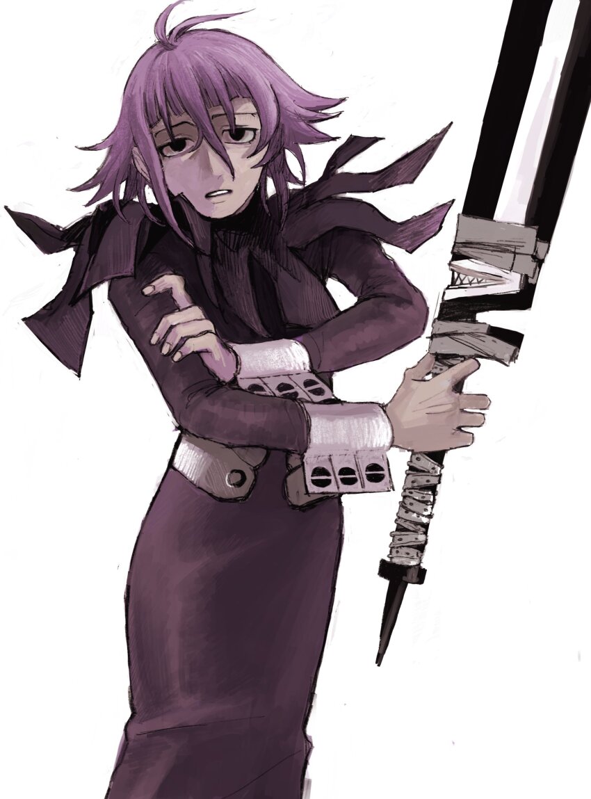 1other absurdres black_dress choppy_bangs crona_(soul_eater) dress highres holding holding_sword holding_weapon long_dress longlong_tail purple_hair ragnarok_(demon_sword) short_hair solo soul_eater sword weapon white_background