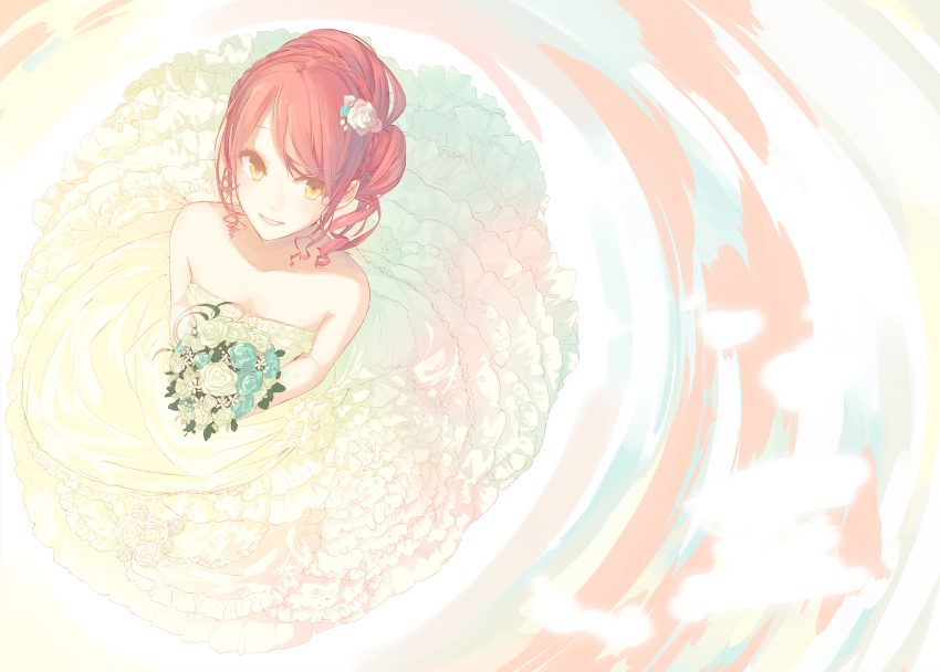 1girl bare_shoulders bouquet bride dress female_focus flower frills from_above hair_flower hair_ornament highres la-na looking_up original red_hair smile solo too_many wedding_dress yellow_eyes