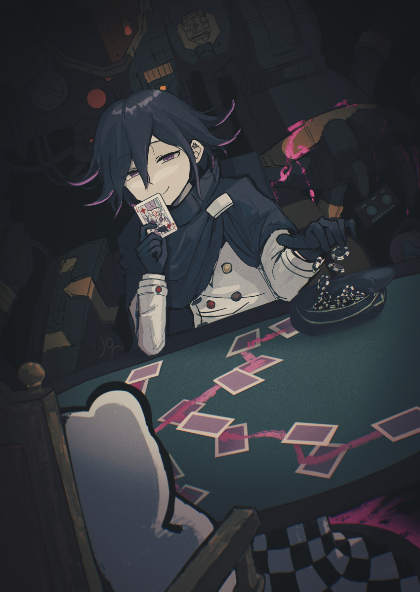 1boy absurdres black_cape black_gloves black_hair blood blood_stain cape card colored_tips commentary_request danganronpa_(series) danganronpa_v3:_killing_harmony dark_background flipped_hair gloves hair_between_eyes hat highres holding holding_card joker_(playing_card) long_sleeves looking_at_viewer male_focus monokuma mq_meng_xin_ya multicolored_hair narrowed_eyes oma_kokichi on_chair pink_blood playing_card poker_chip poker_table purple_eyes purple_hair ringed_eyes short_hair sitting smile smirk table unworn_hat unworn_headwear