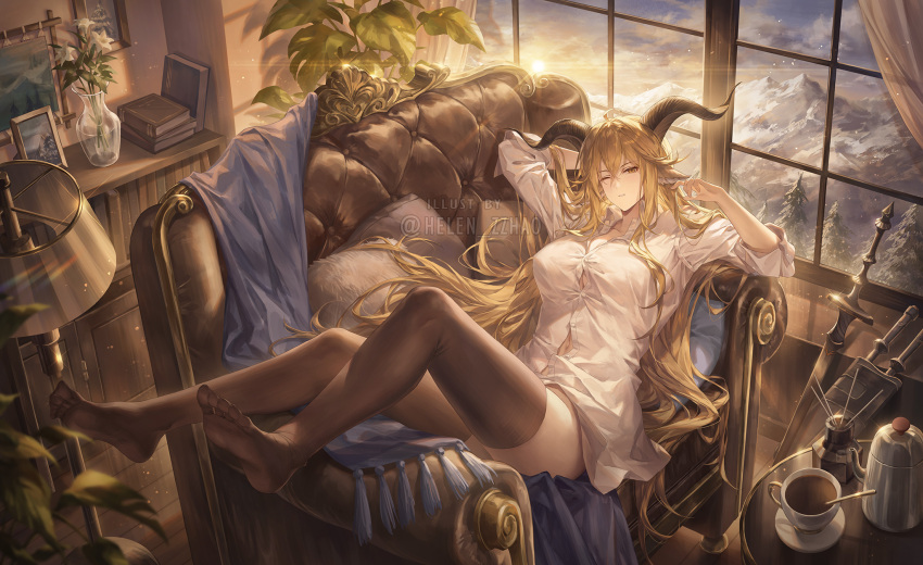 1girl animal_ears arknights black_thighhighs blonde_hair book book_stack bookshelf breasts brown_horns button_gap chair cleavage commentary cup degenbrecher_(arknights) english_commentary flower from_above goat_ears goat_girl goat_horns helen_zzhao highres horns lampshade large_breasts leaf lying mountainous_horizon navel on_back one_eye_closed picture_frame plant potted_plant sheath sheathed shirt sleeves_rolled_up solo spoon stirrer sword teacup thighhighs thighs tree weapon white_shirt window wooden_floor yellow_eyes