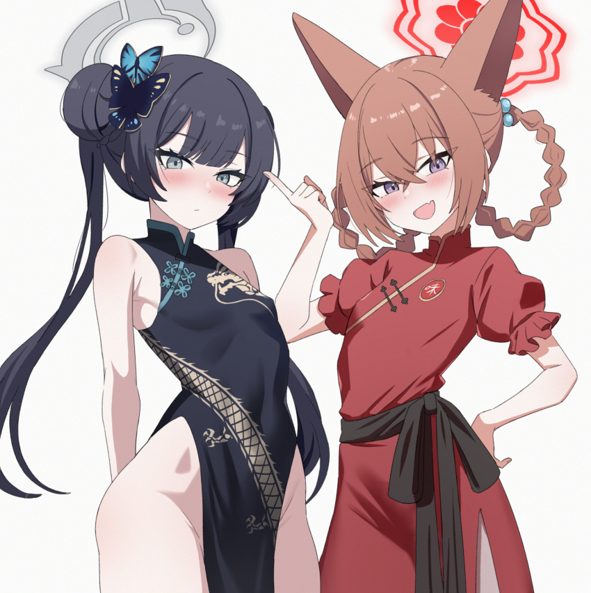 2girls animal_ears black_dress blue_archive blush braid braided_bun breasts brown_hair butterfly_hair_ornament china_dress chinese_clothes coat crossed_bangs double_bun dragon_print dress fang fox_ears grey_coat grey_eyes grey_halo hair_bun hair_ornament halo highres jacket kisaki_(blue_archive) long_hair looking_at_viewer low_twin_braids multiple_girls pinstripe_jacket pinstripe_pattern puffy_short_sleeves puffy_sleeves red_halo rumi_(blue_archive) rumi_(small)_(blue_archive) senapops short_sleeves simple_background sleeveless sleeveless_dress small_breasts smile striped_clothes striped_jacket turtleneck turtleneck_dress twin_braids vertical-striped_clothes vertical-striped_jacket white_background