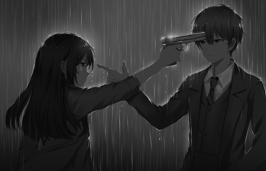 1boy 1girl aiming crying crying_with_eyes_open finger_gun formal_clothes greyscale gun hand_in_pocket handgun highres long_hair long_sleeves mige_shijiu monochrome necktie original rain shirt short_hair suit tears upper_body weapon