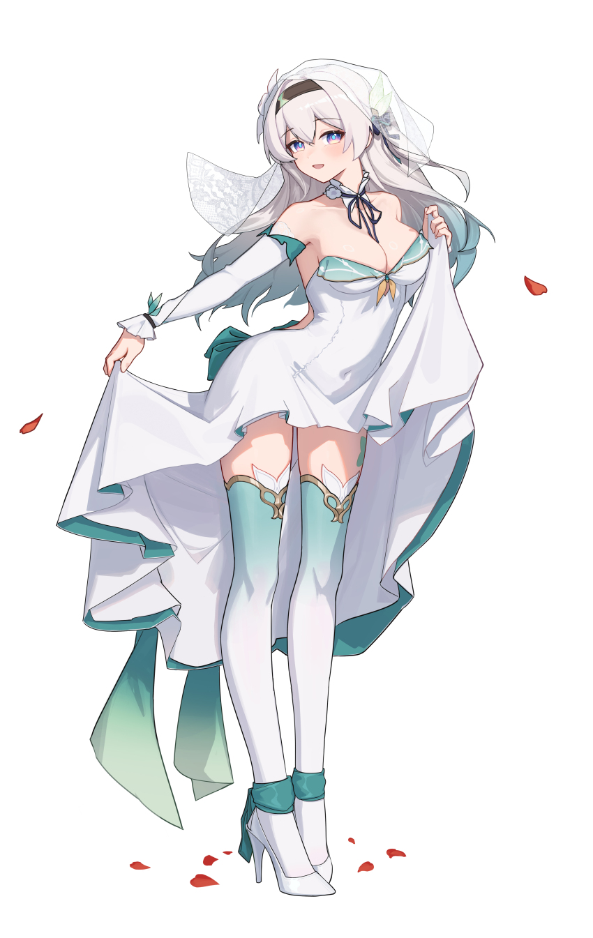 1girl absurdres aton_(user_kufr5245) blue_eyes breasts chinese_commentary collar commentary_request detached_sleeves dress firefly_(honkai:_star_rail) full_body gradient_hair gradient_thighhighs green_hair green_thighhighs grey_hair hair_ornament high_heels highres honkai:_star_rail honkai_(series) light_blush long_hair long_sleeves looking_at_viewer multicolored_eyes multicolored_hair open_mouth simple_background sleeveless sleeveless_dress solo standing thighhighs white_background white_dress white_thighhighs yellow_eyes