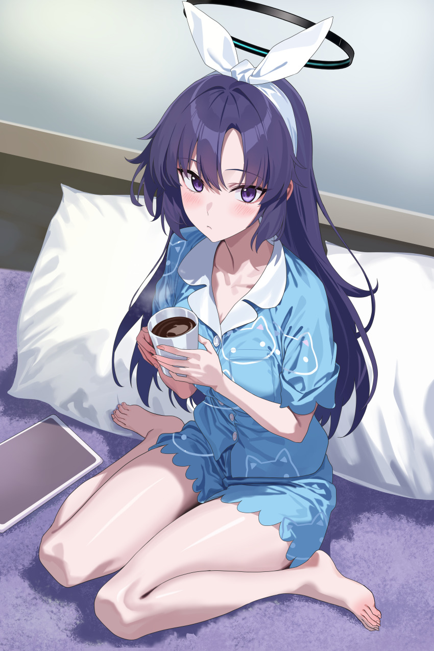 1girl absurdres barefoot black_halo blue_archive blue_eyes blue_hair blue_pajamas blue_shirt blue_shorts blush bow bow_hairband closed_mouth coffee commentary_request cup hair_down hairband halo hidis0086 highres holding holding_cup indoors long_hair looking_at_viewer official_alternate_costume official_alternate_hairstyle on_bed pajamas shirt short_sleeves shorts solo steam tablet_pc thighs toes white_bow yuuka_(blue_archive) yuuka_(pajamas)_(blue_archive)