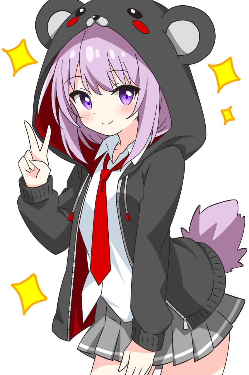 1girl animal_hood bear_hood bear_tail black_hoodie blush closed_mouth collared_shirt commentary_request cowboy_shot dot_nose grey_skirt hand_up highres hood hoodie kotatsu-mazoku long_sleeves looking_at_viewer necktie open_clothes open_hoodie original pleated_skirt purple_eyes purple_hair red_necktie school_uniform shirt sidelocks simple_background skirt smile solo sparkle tail v white_background white_shirt zipper