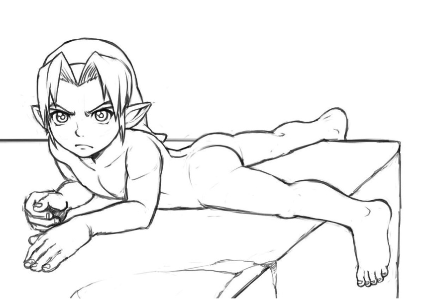 1boy angry armpits ass ass_focus back bad_id bad_tag bare_back bare_legs barefoot bed butt_crack child feet fingernails glaring hat legs link looking_at_viewer lying male_focus monochrome nintendo nude on_bed on_stomach pointy_ears scowl shota sketch solo staring the_legend_of_zelda the_legend_of_zelda:_ocarina_of_time toenails toes traditional_media young_link