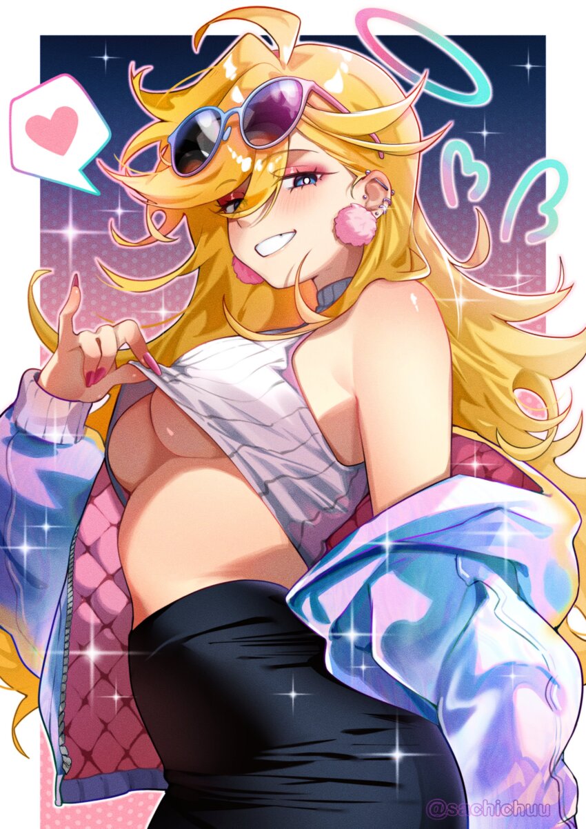 1girl absurdres ahoge black_skirt blonde_hair blue_eyes blue_jacket blush border breasts bright_pupils clothes_lift commentary crop_top drawn_wings earrings english_commentary eyewear_on_head fingernails from_side grin hair_between_eyes halo heart highres jacket jewelry large_breasts lifting_own_clothes long_hair long_sleeves looking_at_viewer medium_breasts nail_polish naughty_face no_bra off_shoulder open_clothes open_jacket outside_border panty_&amp;_stocking_with_garterbelt panty_(psg) pencil_skirt pink_nails pinky_out pom_pom_(clothes) pom_pom_earrings puffy_long_sleeves puffy_sleeves ribbed_shirt sachichuu shirt shirt_lift skirt sleeveless sleeveless_shirt smile solo sparkle spoken_heart stomach sunglasses teasing twitter_username underboob upper_body very_long_fingernails very_long_hair white_border white_pupils white_shirt