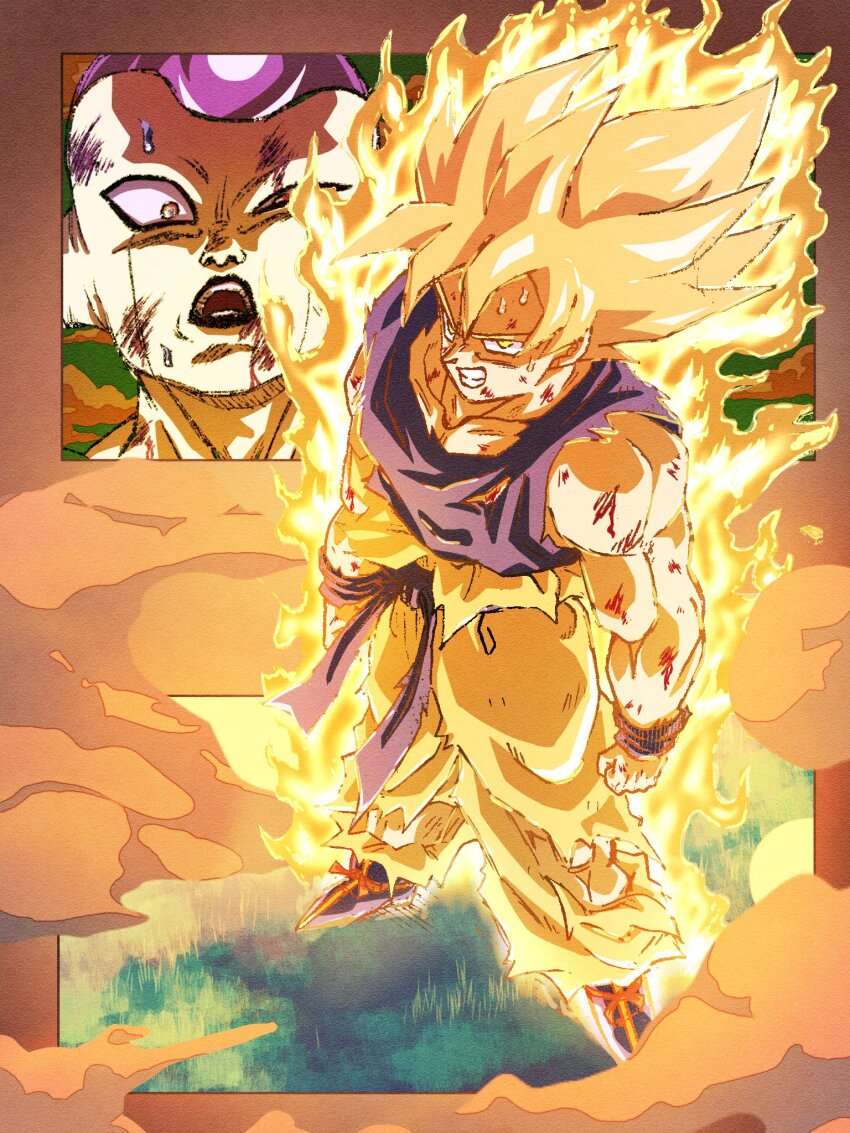 2boys arms_at_sides aura blonde_hair clenched_hands clenched_teeth collarbone commentary_request constricted_pupils dragon_ball dragonball_z energy fire frieza grass highres male_focus medium_hair multiple_boys muscular muscular_male open_mouth orange_eyes pants plant purple_footwear purple_vest scared scratches serious shoes son_goku standing super_saiyan super_saiyan_2 surprised sweat teeth torn_clothes torn_pants torn_vest uneven_eyes vest yellow_eyes yellow_pants yuyu09010316