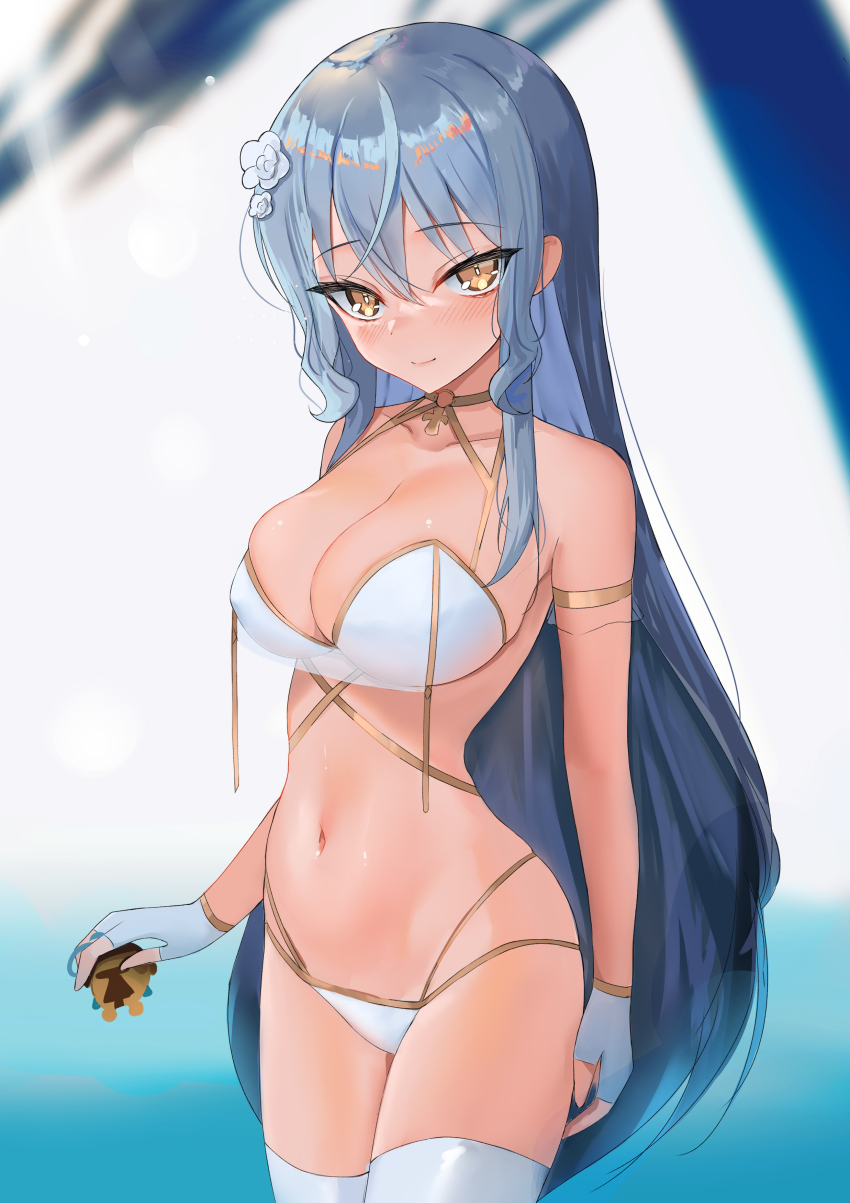 1girl absurdres bikini blue_hair breasts choker fingerless_gloves gloves halterneck halterneck highres large_breasts long_hair looking_at_viewer multi-strapped_bikini namiji_freesia navel o-ring o-ring_choker production_kawaii rifufu solo stomach string_bikini swimsuit thighhighs very_long_hair virtual_youtuber white_bikini white_gloves white_thighhighs yellow_choker yellow_eyes