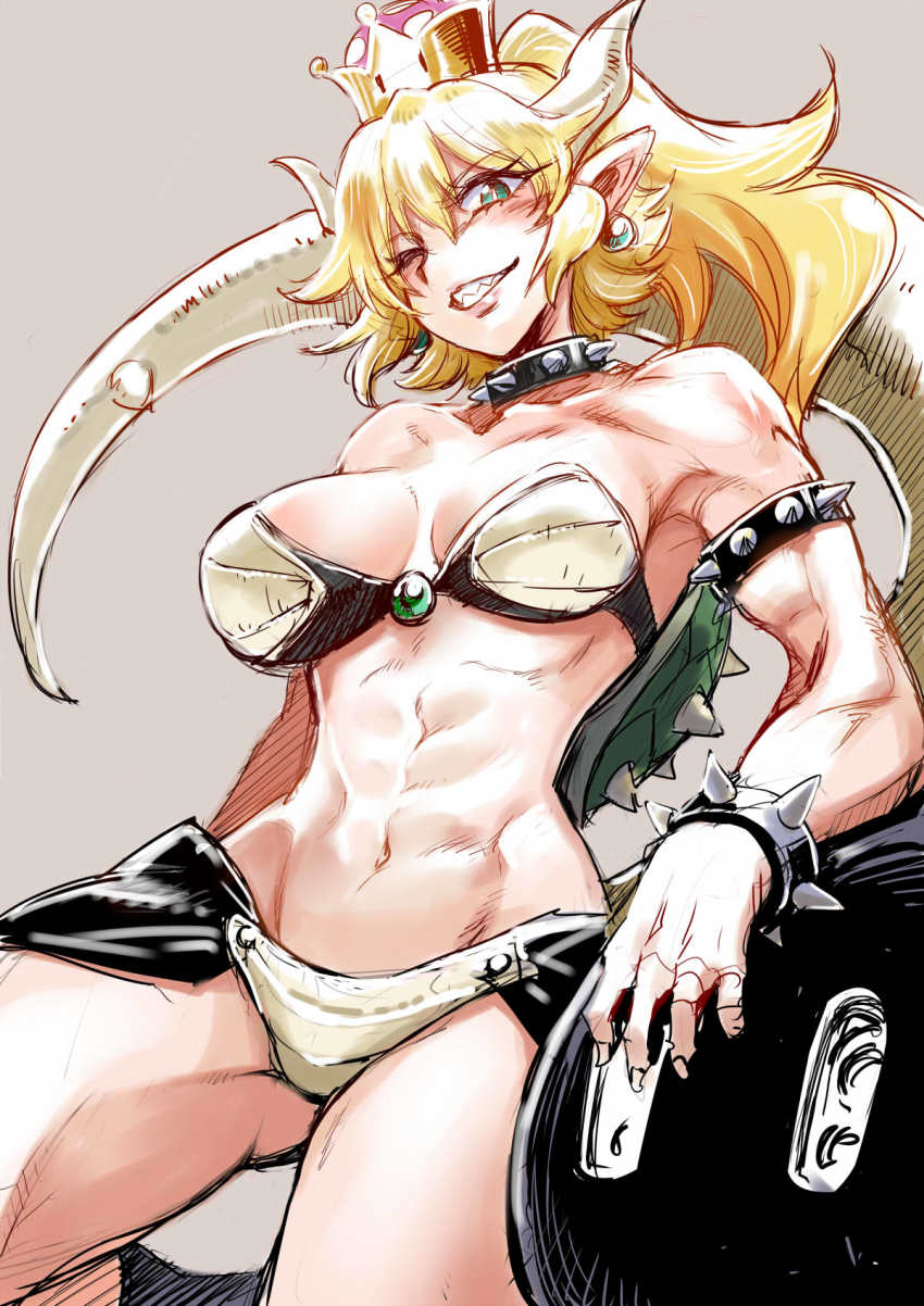 1girl abs armlet bare_shoulders bikini blonde_hair blush bowsette bracelet breasts cleavage collar crown earrings female_focus green_eyes grey_background grin highres horns jewelry kurose_kousuke large_breasts leaning_on_object long_hair looking_at_viewer mario_(series) muscular muscular_female navel new_super_mario_bros._u_deluxe nintendo pointy_ears ponytail sharp_teeth simple_background smile smirk solo spiked_armlet spiked_bracelet spiked_collar spikes super_crown swimsuit tail teeth thighs turtle_shell