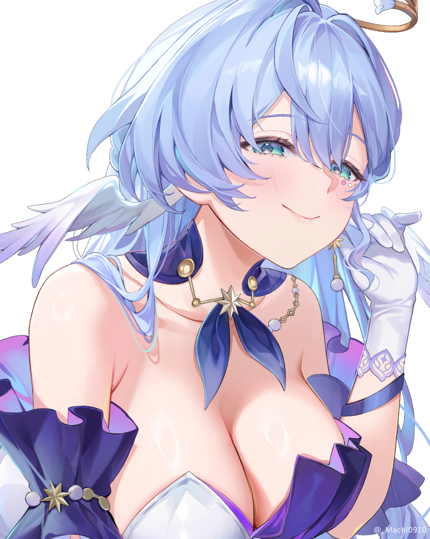 1girl armpit_crease artist_name bare_shoulders blue_hair breasts closed_mouth collar collarbone commentary_request detached_collar detached_sleeves earrings gloves green_eyes hair_between_eyes halo hand_up head_wings highres honkai:_star_rail honkai_(series) jewel_under_eye jewelry large_breasts light_blush long_hair looking_at_viewer machi_(machi0910) purple_collar purple_sleeves robin_(honkai:_star_rail) short_sleeves simple_background smile solo unfinished upper_body white_background white_gloves wings