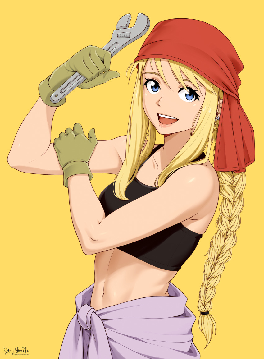 1girl absurdres artist_name bandana bare_arms bare_shoulders biceps blonde_hair blue_eyes braid braided_ponytail breasts collarbone crop_top ear_piercing fullmetal_alchemist gloves green_gloves highres holding holding_wrench long_hair looking_at_viewer medium_breasts navel open_mouth piercing red_bandana rosie_the_riveter signature simple_background smile solo standing stayaliveplz tank_top teeth very_long_hair winry_rockbell wrench yellow_background