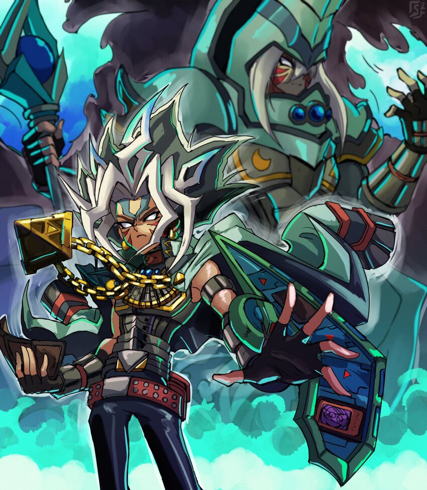 2boys alternate_color alternate_eye_color alternate_form alternate_hair_color alternate_hairstyle alternate_headwear alternate_skin_color alternate_weapon armor aura bare_shoulders belt black_hair blue_gemstone card chest_jewel coat coat_on_shoulders commentary corruption crescent crescent_earrings crescent_print crossover dark_magician dark_persona double_helix dual_persona duel_disk duel_monster earrings english_commentary facial_mark facial_tattoo fierce_deity fingerless_gloves fire frown gem gloves glowing helmet highres holding holding_card holding_staff jewelry konami long_sleeves looking_at_hand looking_at_viewer looking_to_the_side magic medium_hair millennium_puzzle monster monster_boy multicolored_hair multiple_boys muto_yugi necklace nintendo no_pupils pants pauldrons possessed possession reaching reaching_towards_viewer serious shoulder_armor sleeveless staff stoic_seraphim tattoo the_legend_of_zelda the_legend_of_zelda:_majora&#039;s_mask triangle triangle_earrings triangle_print wand weapon white_eyes white_hair wrist_guards yu-gi-oh! yu-gi-oh!_duel_monsters