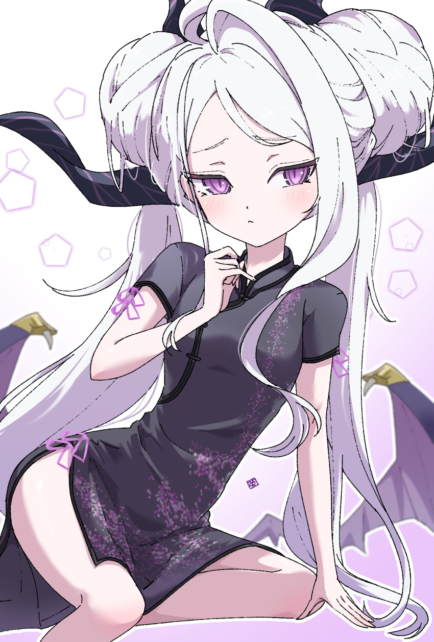 1girl ahoge black_dress blue_archive blush china_dress chinese_clothes closed_mouth commentary_request demon_girl demon_horns demon_wings dress hair_bun highres hina_(blue_archive) horns illustratorhide long_hair looking_at_viewer low_wings no_panties pink_background purple_eyes short_sleeves simple_background sitting solo thighs twintails wariza white_background white_hair wings