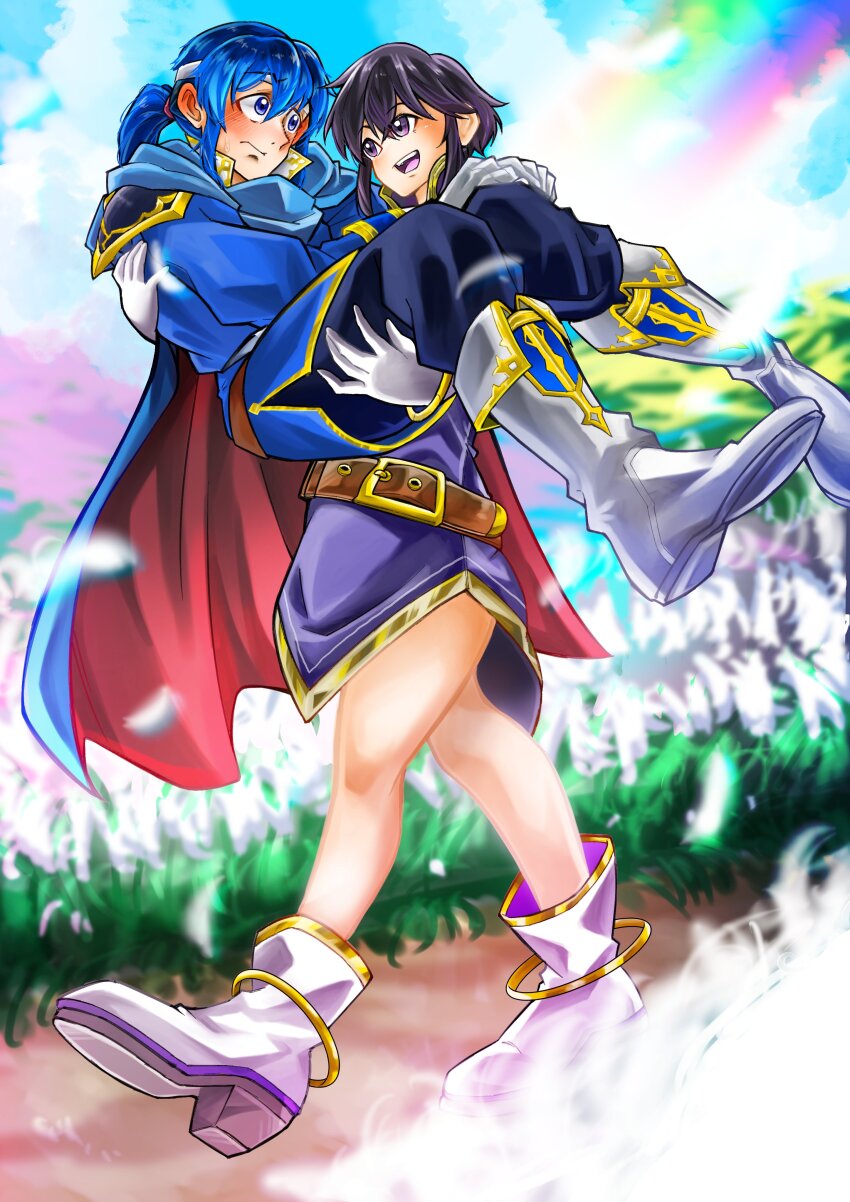 1boy 1girl absurdres arms_around_neck bare_legs belt black_hair blue_cape blue_hair blue_tunic blush boots cape carrying carrying_person commission commissioner_upload couple fire_emblem fire_emblem:_genealogy_of_the_holy_war flower gloves headband highres larcei_(fire_emblem) long_hair looking_at_another nintendo pants ponytail princess_carry purple_eyes purple_tunic rainbow reverse_princess_carry seliph_(fire_emblem) sidelocks skeb_commission smile standing surprised tomboy tunic walking white_headband ya-don