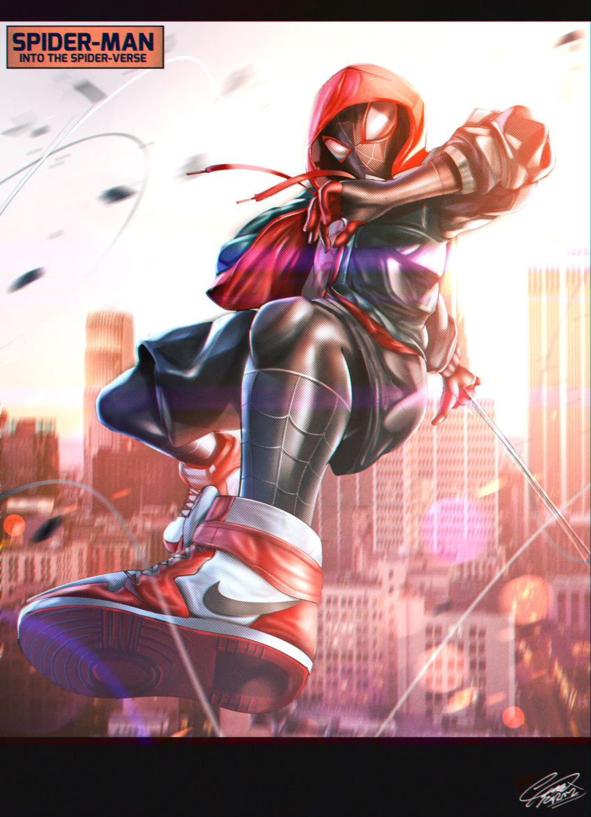 1boy air_jordan air_jordan_1 copyright_name highres hood hood_up hoodie looking_at_viewer male_focus marvel nike_(company) open_hand raruru solo spider-man:_into_the_spider-verse spider-man_(miles_morales) spider-man_(series) spider-verse superhero_costume white_eyes