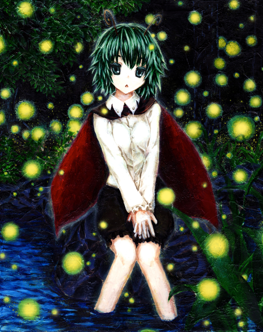 1girl colorized female_focus green_eyes green_hair highres kabaji matching_hair/eyes open_mouth solo touhou traditional_media v_arms wriggle_nightbug