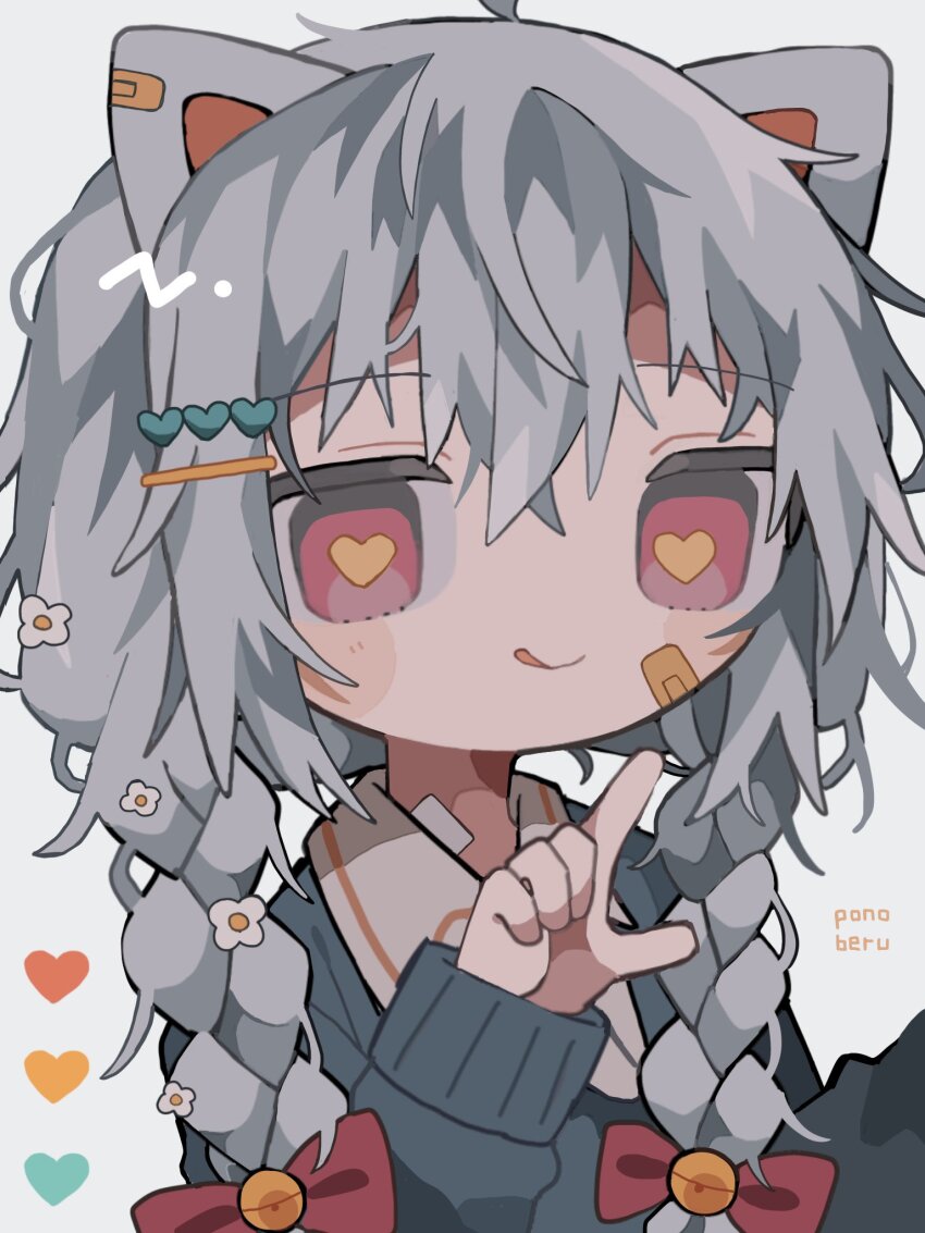 1girl animal_ears artist_name bell bow braid cat_ears cat_girl closed_mouth grey_hair grey_sweater hair_bell hair_bow hair_ornament hairpin hand_up heart heart-shaped_pupils heart_hair_ornament highres jingle_bell licking_lips long_hair long_sleeves looking_at_viewer original ponoberu_(ponopi) red_bow red_eyes smile solo sweater symbol-shaped_pupils tongue tongue_out twin_braids upper_body