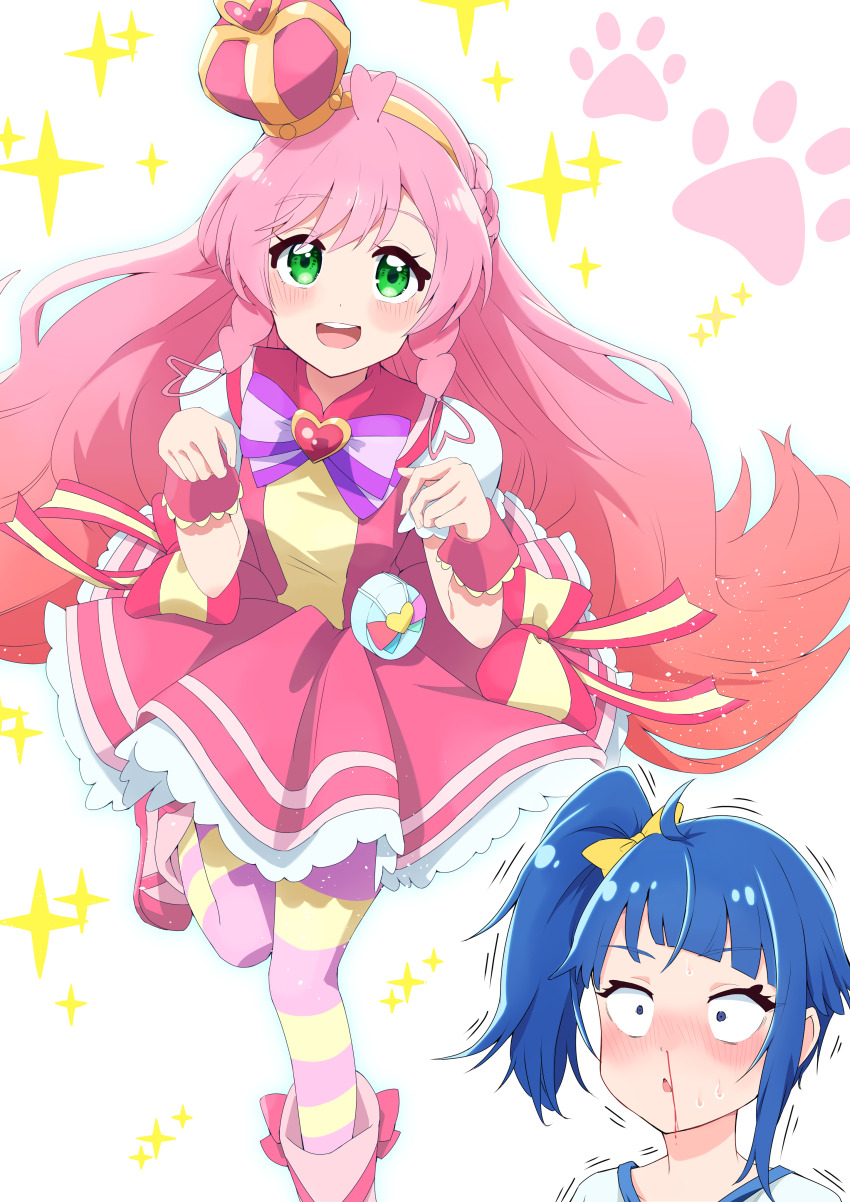 2girls absurdres arched_crown blood blue_eyes blue_hair blue_shirt boots bow bowtie braid brooch commentary constricted_pupils cosplay crown cure_prism cure_wonderful cure_wonderful_(cosplay) cut_bangs dress dress_bow green_eyes hair_bow hair_bun heart heart_brooch highres hirogaru_sky!_precure in-franchise_crossover jewelry keijirou_(mukunozaltusou) leg_up long_hair looking_at_another looking_at_viewer medium_dress medium_hair mini_crown multiple_girls nijigaoka_mashiro nosebleed open_mouth pantyhose paw_pose paw_print pink_footwear pink_hair pink_pantyhose pouch precure puffy_short_sleeves puffy_sleeves purple_bow purple_bowtie red_bow red_dress shirt short_sleeves side_braids side_ponytail single_side_bun smile sora_harewataru sparkle standing standing_on_one_leg striped_clothes striped_pantyhose sweatdrop tilted_headwear trembling very_long_hair wonderful_precure! wrist_cuffs yellow_bow yellow_pantyhose