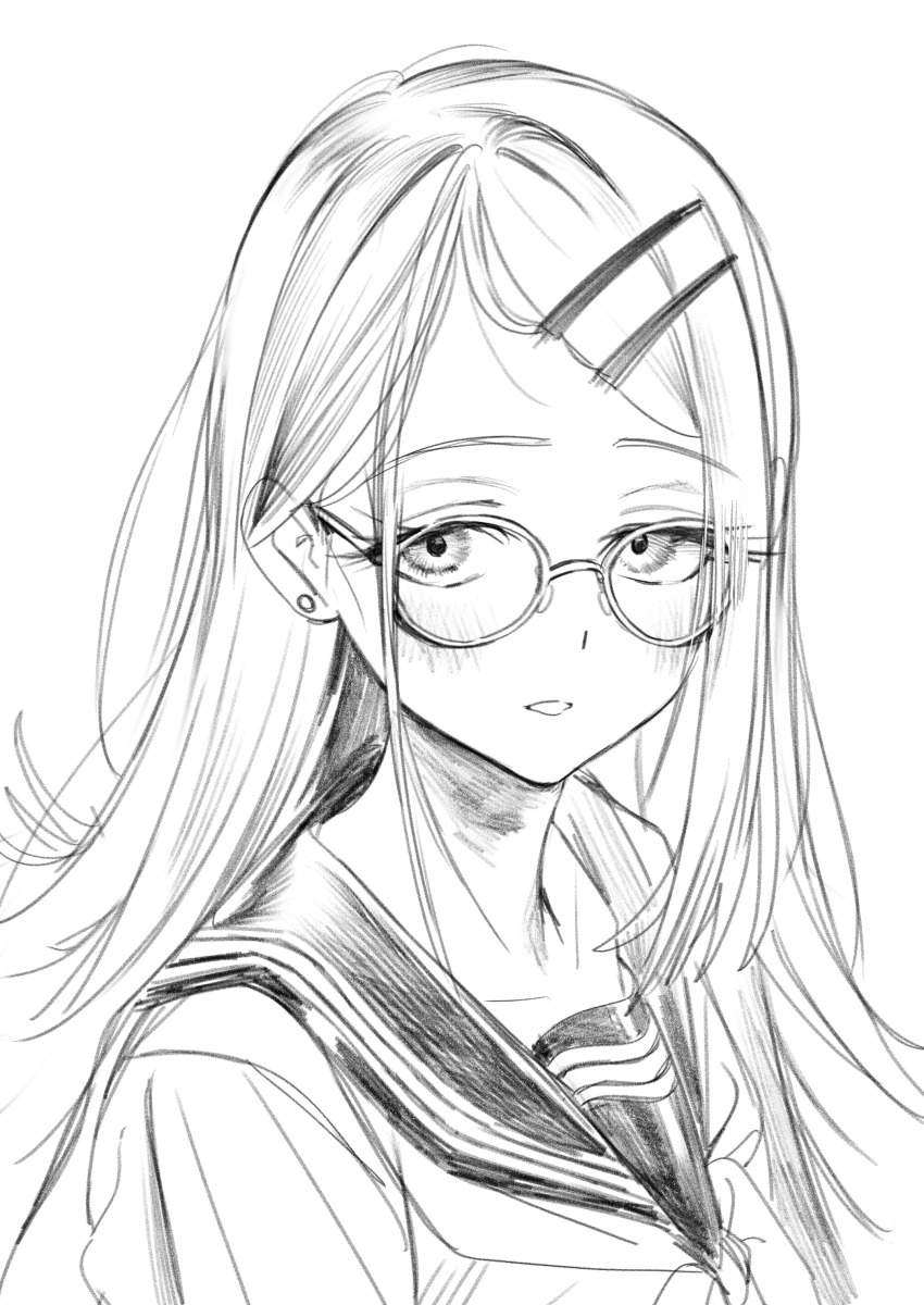 absurdres blush dorontabi gakuen_idolmaster glasses hair_ornament highres idolmaster looking_at_viewer sailor_collar shinosawa_hiro sketch