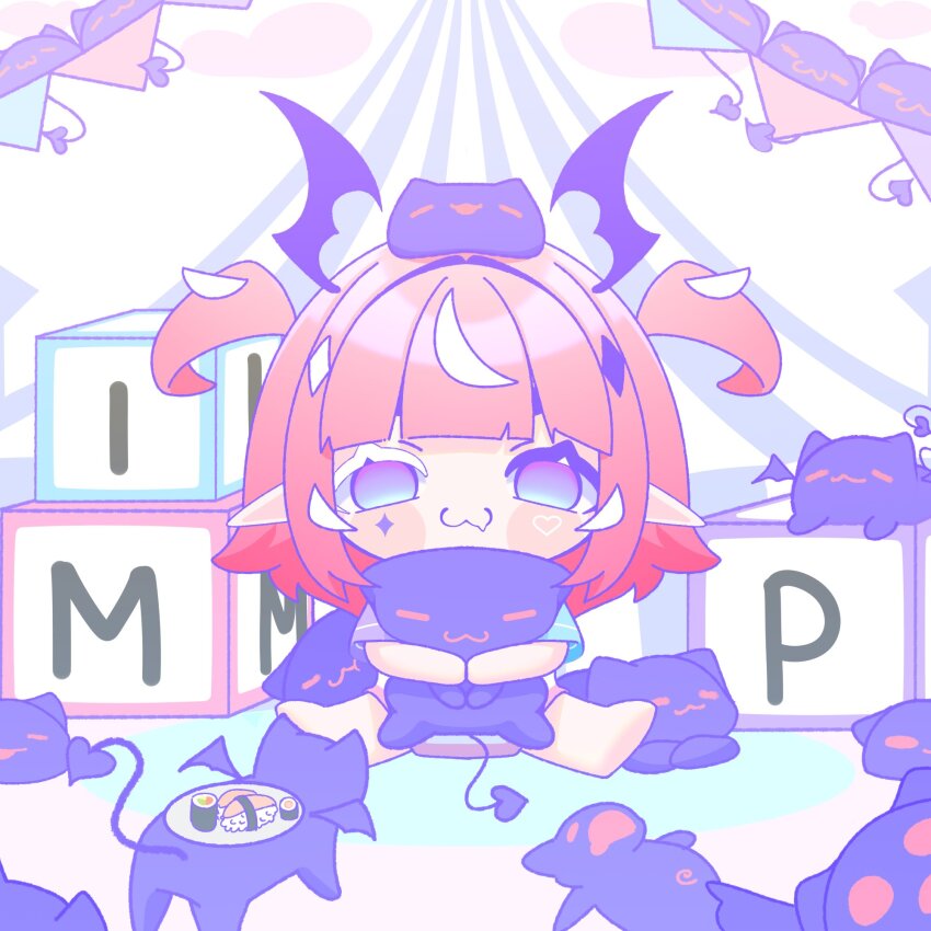 1girl alphabet_blocks artist_request block_(object) blocks camila_(vtuber) chibi child demon_girl demon_wings food highres indie_virtual_youtuber multicolored_hair pink_hair purple_eyes streaked_hair sushi virtual_youtuber wings