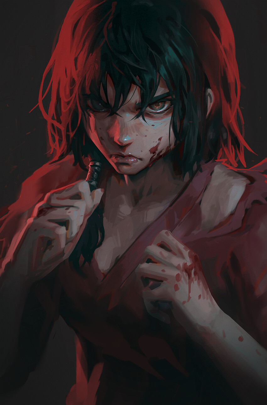 1girl black_eyes blood blood_on_face blood_on_hands commentary dao_trong_le dark_background english_commentary fighting_stance glaring highres looking_at_viewer medium_hair multicolored_hair original procreate_(medium) serious solo torn_clothes two-tone_eyes upper_body