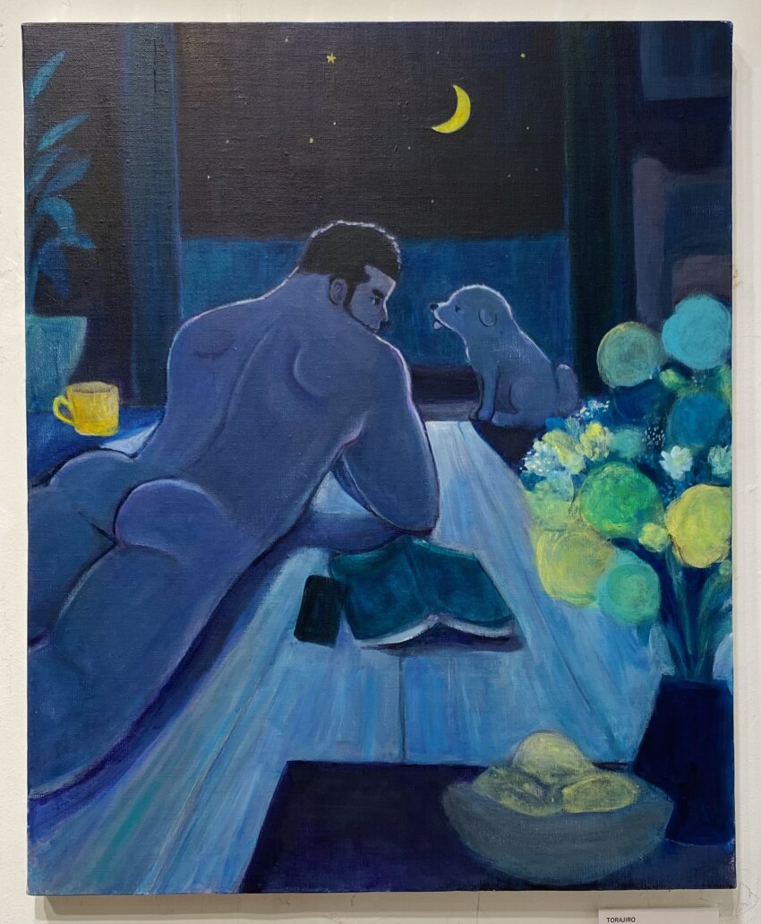 1boy acrylic_paint_(medium) affectionate ass bara book crescent_moon dog feet_out_of_frame from_behind highres long_sideburns lying male_focus moon muscular muscular_male night on_stomach original painting_(medium) short_hair sideburns solo thick_eyebrows torajiro_art traditional_media