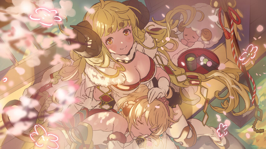 2girls absurdres ahoge andira_(granblue_fantasy) anila_(granblue_fantasy) animal_ears black_gloves blonde_hair blunt_bangs blush breasts cherry_blossoms cleavage collar dango falling_petals food from_above fur-trimmed_jacket fur_trim gloves granblue_fantasy granblue_fantasy_versus:_rising grass green_tea headband headpat highres horns huge_breasts jacket jewelry knee_pads lap_pillow long_hair looking_up messy_hair minaba_hideo monkey_ears multiple_girls official_art orange_eyes petals pink_petals plate sandals sheep sheep_horns short_eyebrows short_hair sitting sleeping smile tea thick_thighs thighhighs thighs third-party_source very_long_hair wagashi white_sleeves white_thighhighs