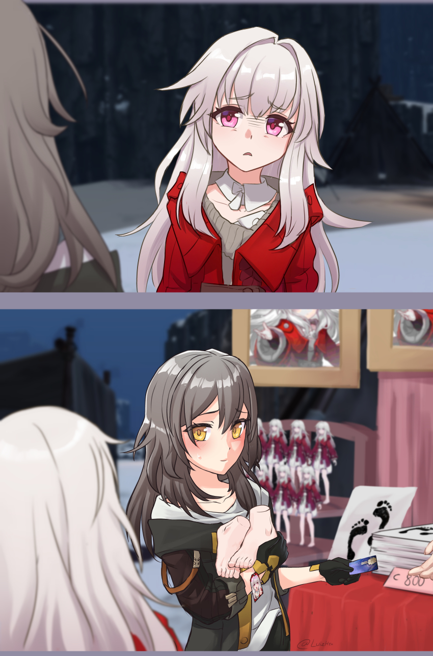 2koma absurdres black_hair card character_doll clara_(honkai:_star_rail) comic credit_card drawing_(object) feet grey_hair highres holding holding_card honkai:_star_rail honkai_(series) jacket long_hair luizhtx purple_eyes red_jacket stelle_(honkai:_star_rail) trailblazer_(honkai:_star_rail) yellow_eyes