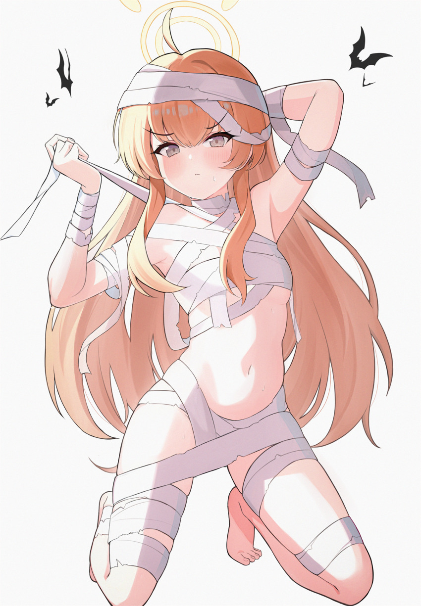 1girl ahoge bandaged_arm bandaged_chest bandaged_hand bandaged_head bandaged_leg bandages bat_(animal) blonde_hair blue_archive breasts brown_eyes closed_mouth halo highres long_hair looking_at_viewer lorian_(ahrs3558) mummy_costume naked_bandage navel official_alternate_costume sidelocks simple_background small_breasts solo stomach white_background yellow_halo yoshimi_(blue_archive) yoshimi_(halloween)_(blue_archive)