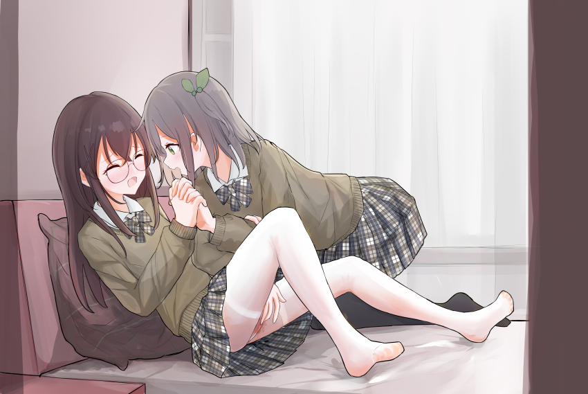 2girls 3acccp absurdres black_pantyhose blush bow bowtie brown_hair chinese_commentary closed_eyes collared_shirt commentary_request curtains fingering fingering_through_clothes green_eyes green_sweater grey_bow grey_bowtie grey_hair grey_skirt highres holding_hands indoors interlocked_fingers long_hair long_sleeves looking_at_another multiple_girls on_bed one_side_up open_mouth original pantyhose pillow plaid_clothes plaid_skirt pleated_skirt pussy_juice school_uniform shirt skirt smile sweater through_clothes wet wet_clothes wet_pantyhose white_pantyhose white_shirt yuri