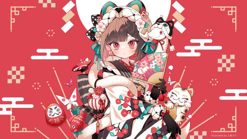 1girl animal_ears artist_name bad_source black_gloves blush bonnet brown_hair closed_mouth earrings egasumi flower folding_fan frills gloves hair_flower hair_ornament hand_fan highres holding holding_fan japanese_clothes jewelry kimono long_sleeves looking_at_viewer original paper_fan red_background red_eyes solo uekura_eku upper_body