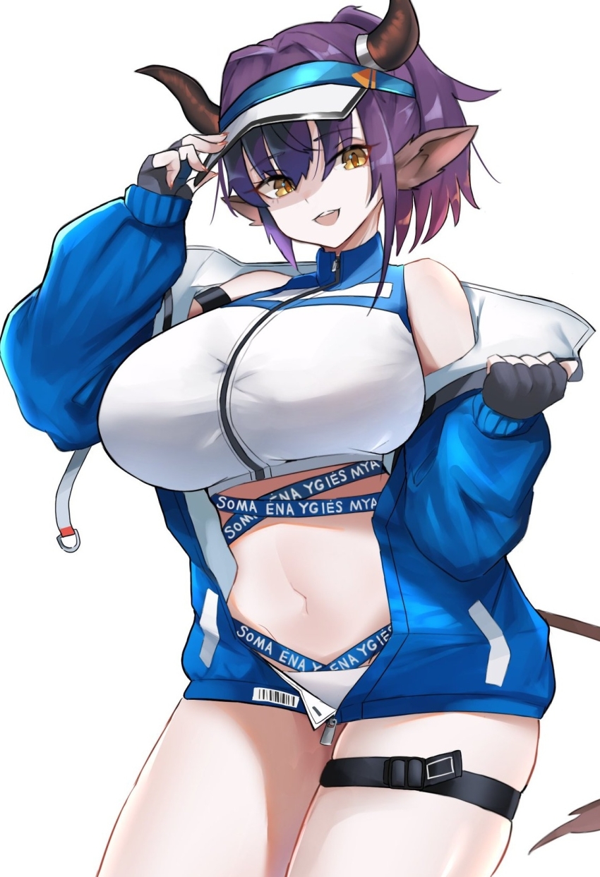 1girl :d adjusting_clothes adjusting_headwear animal_ears arknights bikini black_jacket blue_jacket breasts cow_ears cow_girl cow_horns cow_tail cowboy_shot fingerless_gloves gloves highres horns huge_breasts jacket looking_at_viewer navel off_shoulder official_alternate_costume open_clothes open_jacket open_mouth purple_hair short_hair sideroca_(arknights) sideroca_(light_breeze)_(arknights) simple_background smile solo swimsuit tail teeth thigh_strap unknownnoname0 upper_teeth_only white_background white_bikini yellow_eyes