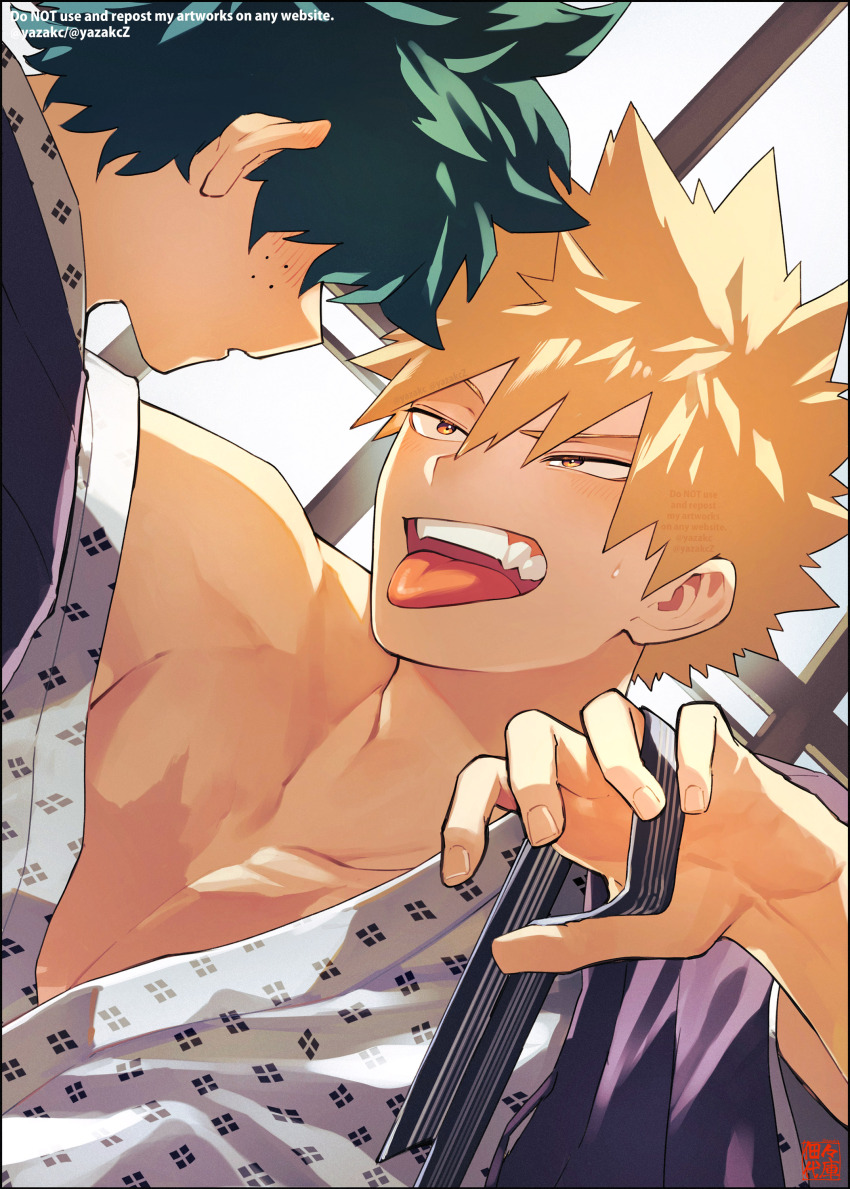 2boys absurdres bakugou_katsuki bare_shoulders blonde_hair boku_no_hero_academia fangs freckles green_hair highres japanese_clothes kimono male_focus midoriya_izuku multiple_boys open_mouth red_eyes short_hair smile spiked_hair teeth tongue tongue_out white_kimono yaoi yazaki_(yazakc) yukata