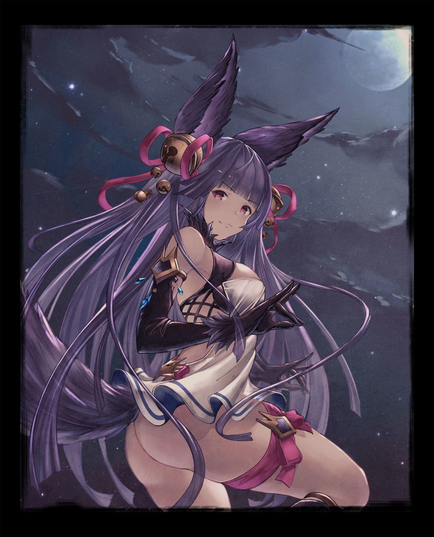 1girl animal_ears artist_request ass bad_id bad_pixiv_id bare_shoulders bell black_gloves black_hair blunt_bangs blush breasts cloud cowboy_shot dress elbow_gloves erune fang fang_out fox_ears fox_shadow_puppet fox_tail full_moon fur_trim gesture gesture_request gloves granblue_fantasy hair_bell hair_ornament highres jingle_bell large_breasts leg_ribbon long_hair looking_at_viewer looking_back medium_breasts microdress moon night night_sky no_bra no_panties outdoors pink_ribbon red_eyes ribbon short_dress sky sleeveless sleeveless_dress smile solo star_(sky) starry_sky tagme tail thigh_ribbon very_long_hair white_dress yuel_(granblue_fantasy)