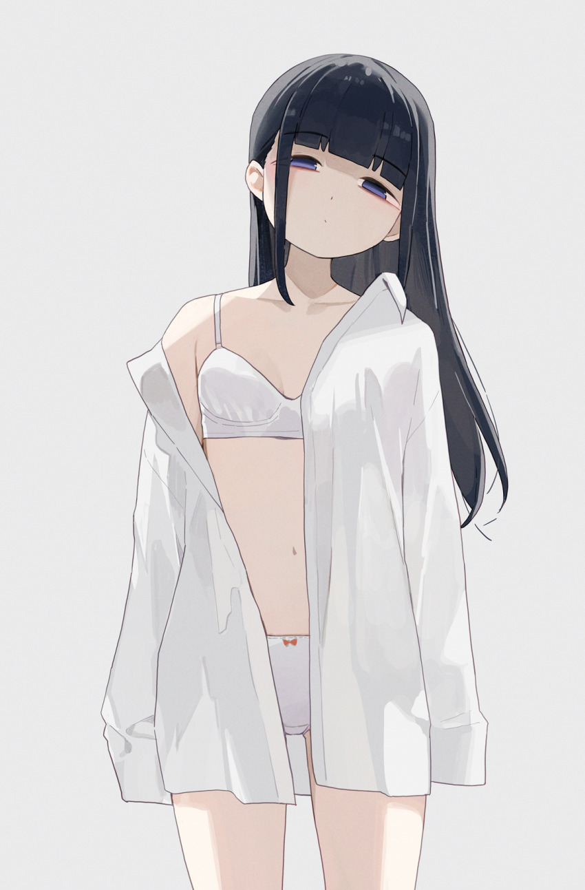 1girl black_hair blue_eyes blunt_bangs bra breasts commentary_request grey_background highres hiroki_(yyqw7151) long_hair looking_at_viewer navel off_shoulder original panties shirt simple_background small_breasts solo standing thighs underwear white_bra white_panties white_shirt