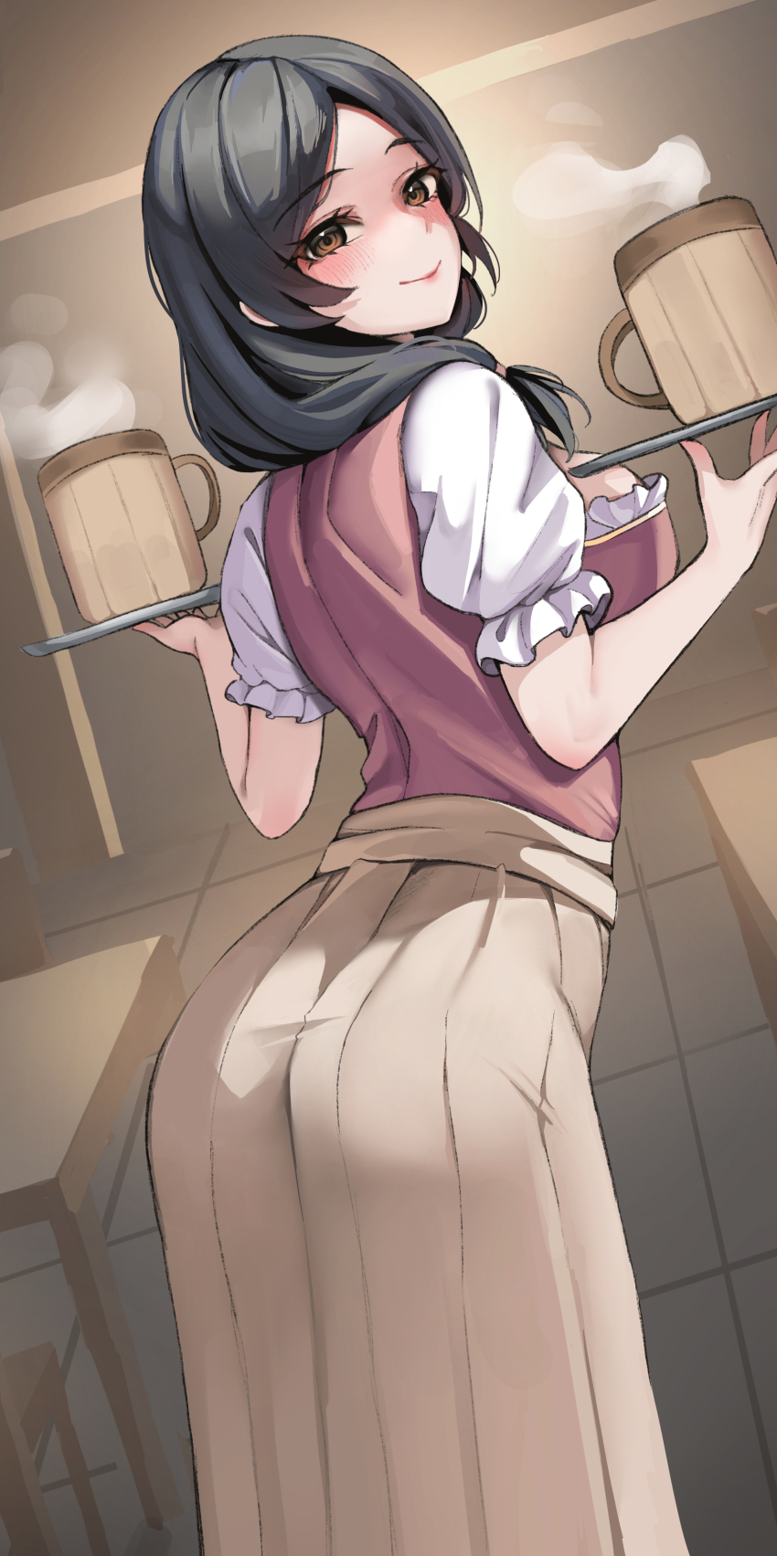 1girl absurdres arched_back blush breasts carla_yeager dark_skin fluffyebi01 frilled_sleeves frills highres holding holding_tray large_breasts long_skirt looking_at_viewer looking_back parted_bangs pleated_skirt puffy_short_sleeves puffy_sleeves shingeki_no_kyojin short_sleeves skirt smile solo tile_floor tiles tray wooden_cup