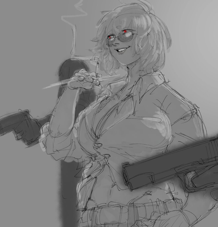 1girl 2others absurdres blowing_smoke breasts cigarette finger_on_trigger girls&#039;_frontline glasses grey_background gun handgun highres large_breasts light_blush multiple_others navel partially_unbuttoned red_eyes rimless_eyewear shishitou_(tougarashikarai) simple_background smoke smoke_trail smoking thompson_(girls&#039;_frontline) weapon