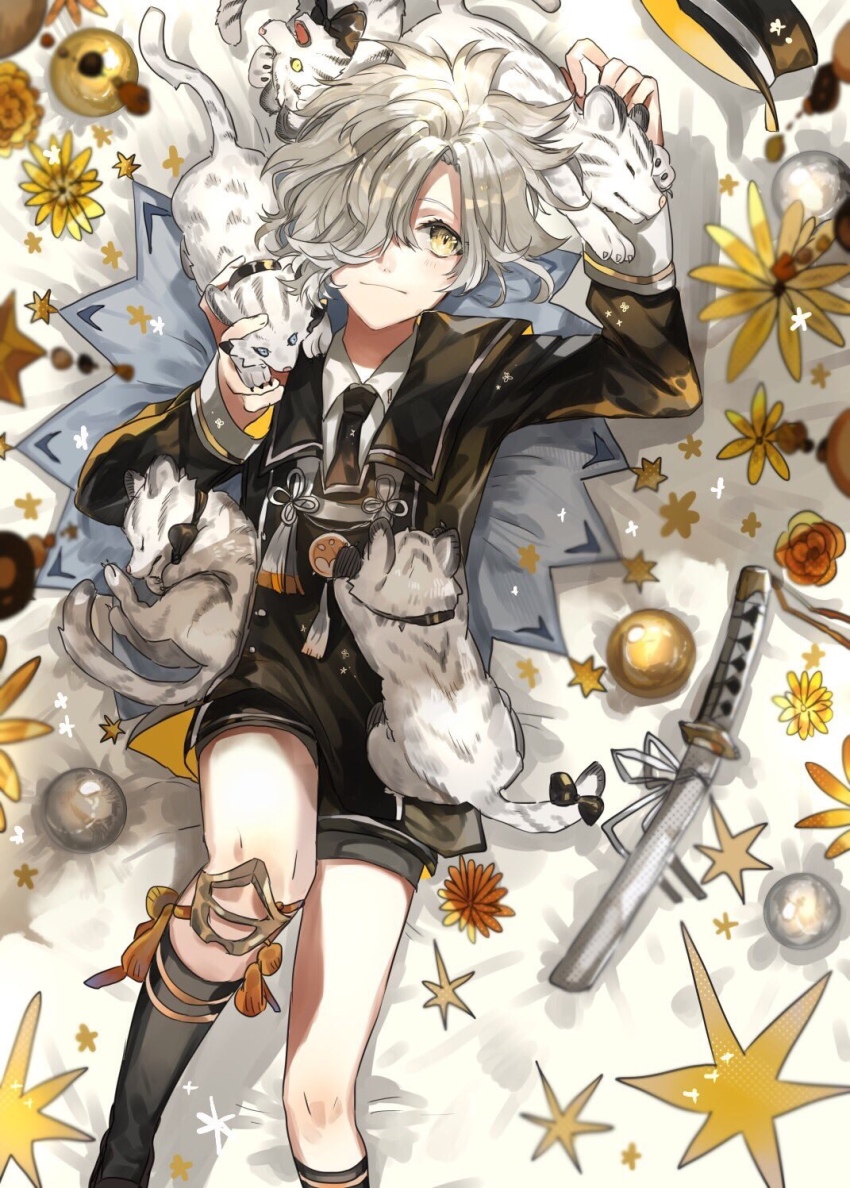 10s 1boy black_socks blue_eyes flower from_above gokotai gokotai&#039;s_tigers gold_trim hair_over_one_eye hat highres kneehighs lying male_focus military military_uniform necktie on_back sheath sheathed short_sword shorts smile socks solo star_(symbol) sword tantou tiger tiger_cub touken_ranbu tsugutoku unworn_hat unworn_headwear weapon white_hair white_tiger yellow_eyes