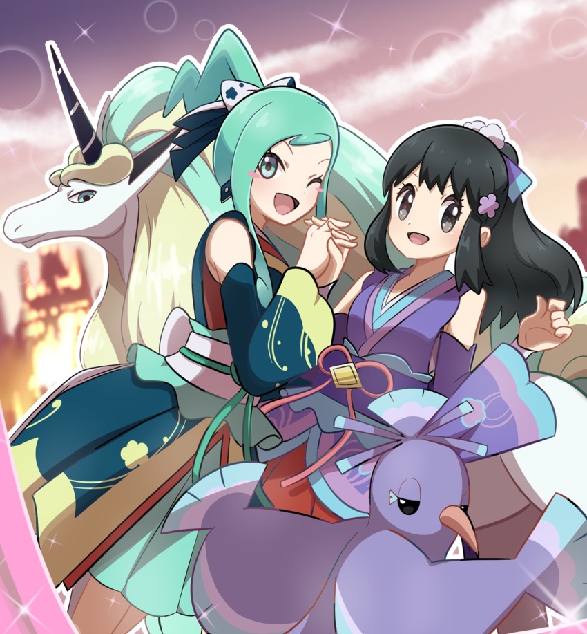 2girls alternate_color aqua_hair beak black_hair blush_stickers creatures_(company) dawn_(new_year&#039;s_2023)_(pokemon) dawn_(pokemon) detached_sleeves galarian_form galarian_rapidash game_freak gen_7_pokemon gen_8_pokemon highres holding_hands horns interlocked_fingers lisia_(new_year&#039;s_2023)_(pokemon) lisia_(pokemon) looking_at_viewer multiple_girls nintendo official_alternate_costume open_mouth oricorio oricorio_(sensu) pokemon pokemon_(creature) pokemon_masters_ex ponytail saon101 shiny_pokemon single_horn smile sparkle