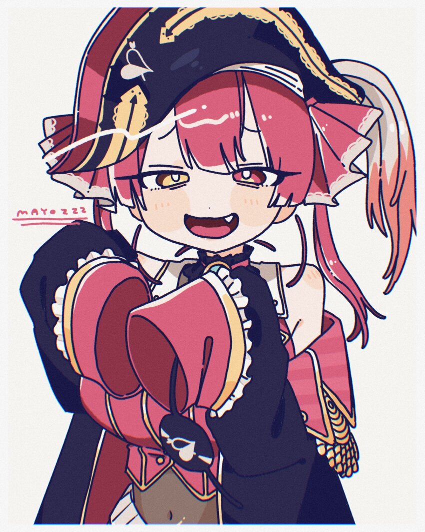 1girl :d arrow_through_heart artist_name bare_shoulders bicorne black_coat black_hat breasts bright_pupils coat commentary_request covered_navel dot_nose eyepatch fang furrowed_brow hair_ribbon hat hat_feather heterochromia highres holding_eyepatch hololive houshou_marine houshou_marine_(1st_costume) jacket large_breasts long_hair long_sleeves mayoi_zzz open_mouth red_eyes red_hair red_jacket red_ribbon ribbon simple_background sleeveless sleeveless_jacket smile solo twintails unworn_eyepatch virtual_youtuber white_background white_pupils yellow_eyes