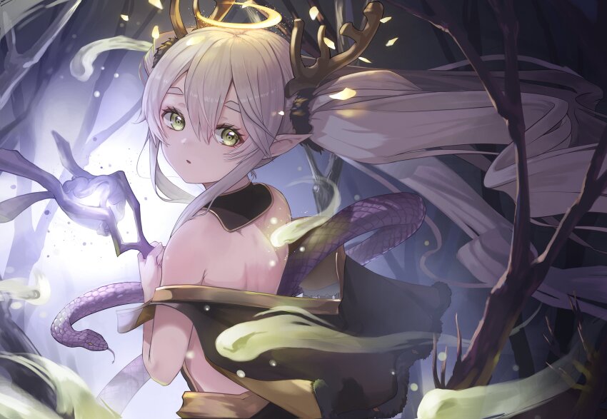 1girl absurdres animal antlers backless_dress backless_outfit bare_shoulders brown_dress cernunnos_(shadowverse) commentary_request dress green_eyes hair_between_eyes halo highres holding holding_staff horns ichien_ekaki long_hair looking_at_viewer looking_back nature outdoors parted_lips pointy_ears shadowverse snake solo staff thick_eyebrows tree twintails very_long_hair white_hair