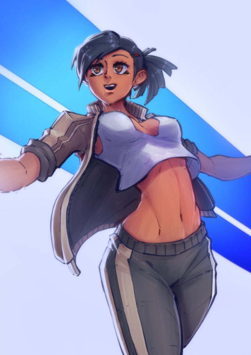 1girl absurdres brown_eyes dark-skinned_female dark_skin gym_uniform hatidraw highres jacket midriff navel nishiwaki_yuuko open_clothes open_jacket open_mouth persona persona_3 persona_3_reload solo sports_bra white_sports_bra