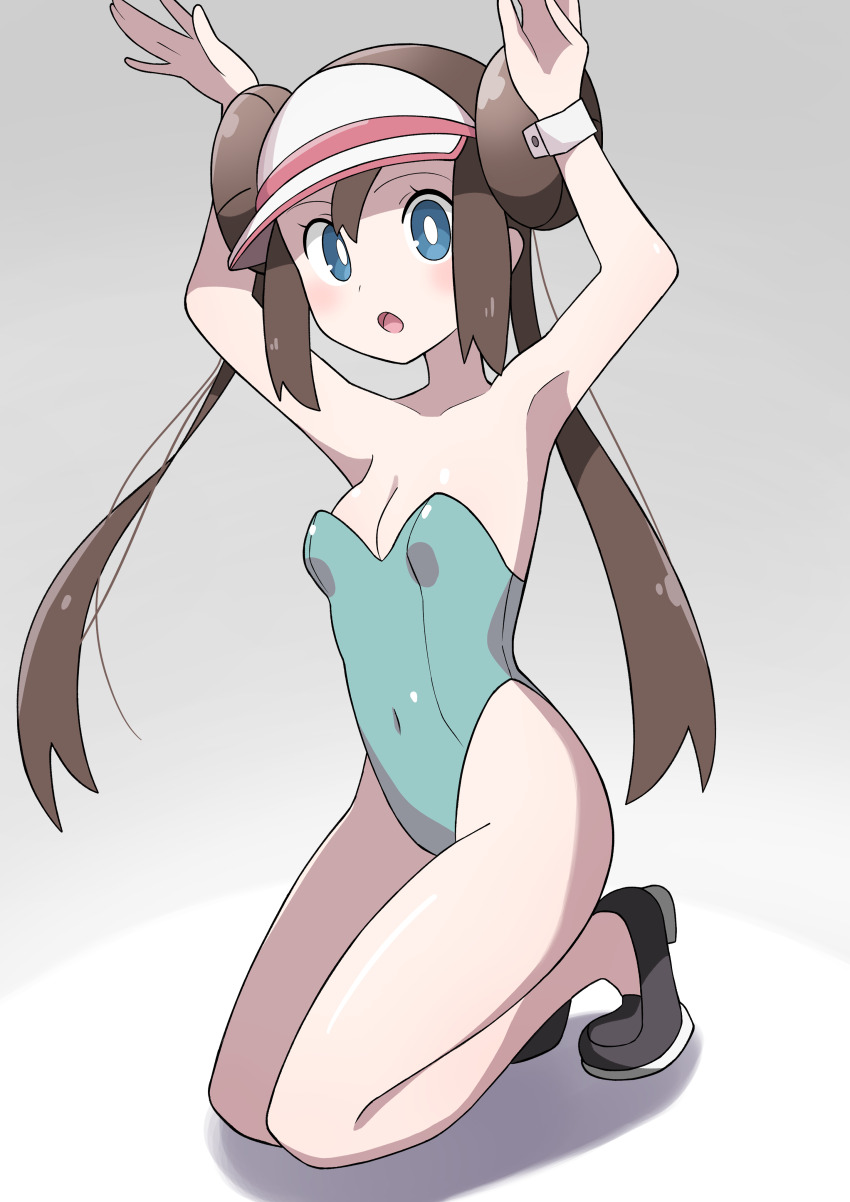 1girl :o absurdres alternate_costume araki_megami arms_up black_footwear blue_eyes breasts bright_pupils brown_hair cleavage commentary_request creatures_(company) double_bun game_freak green_leotard hair_bun highres kneeling leotard long_hair nintendo open_mouth pokemon pokemon_bw2 rabbit_pose rosa_(pokemon) shoes sidelocks solo tongue twintails visor_cap white_pupils wrist_cuffs